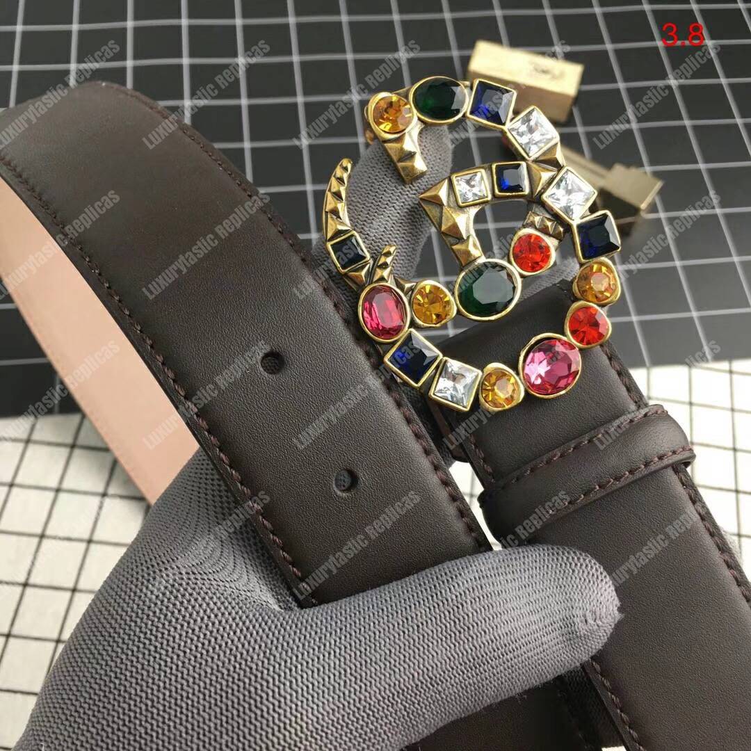 G*u*i leather belt with crystal double g buckle