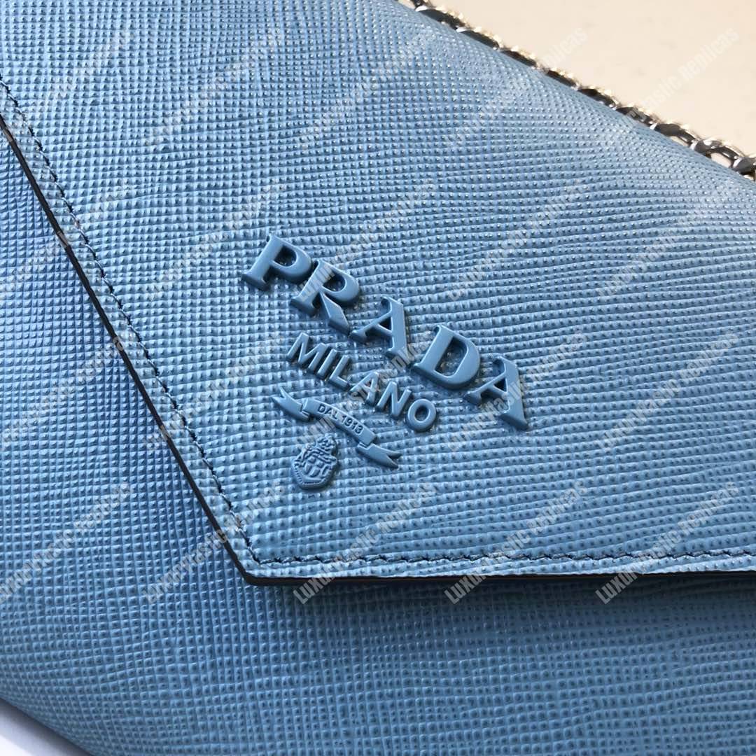 pra*a monoCh*0me saffiano leather bag light blue