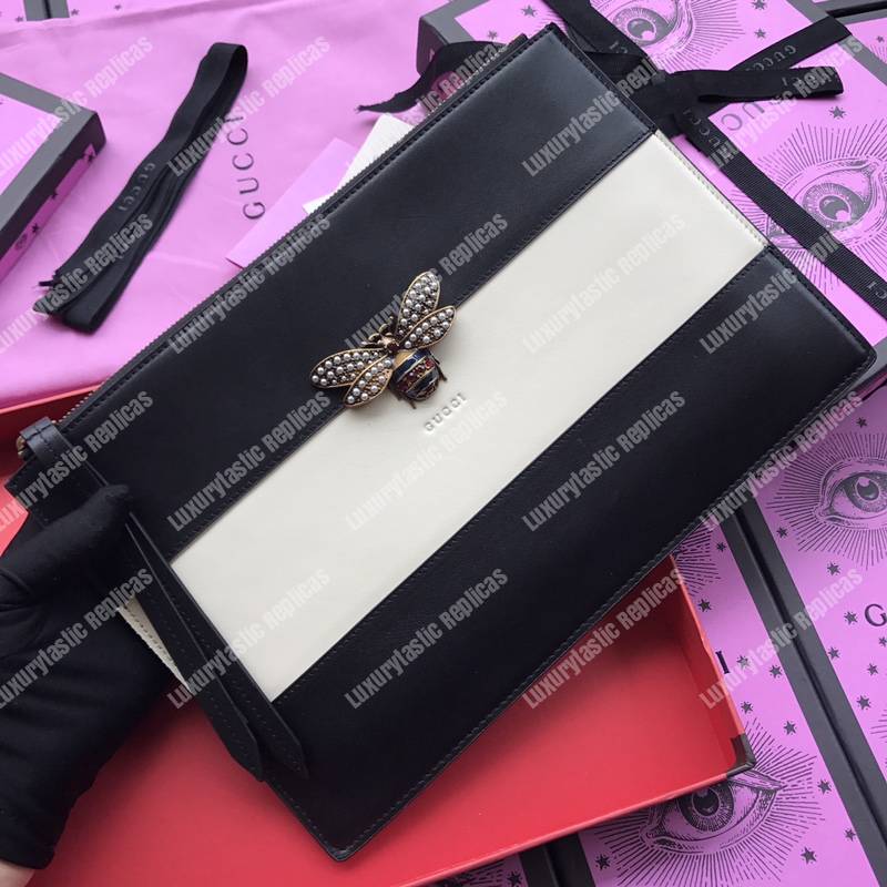 G*u*i bee leather pouch bag white/black