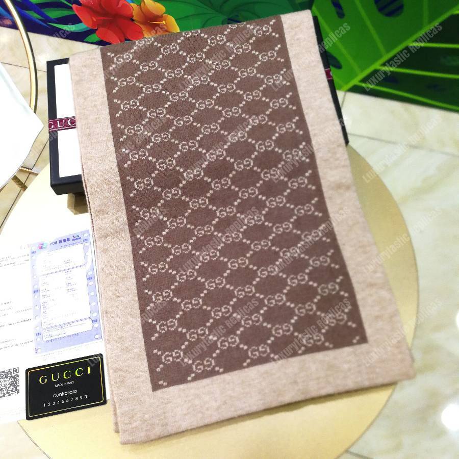 G*u*i monogram gg wool scarf beige brown