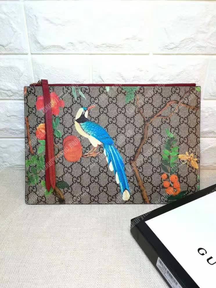 G*u*i bird print gg sup*e clutch pouch