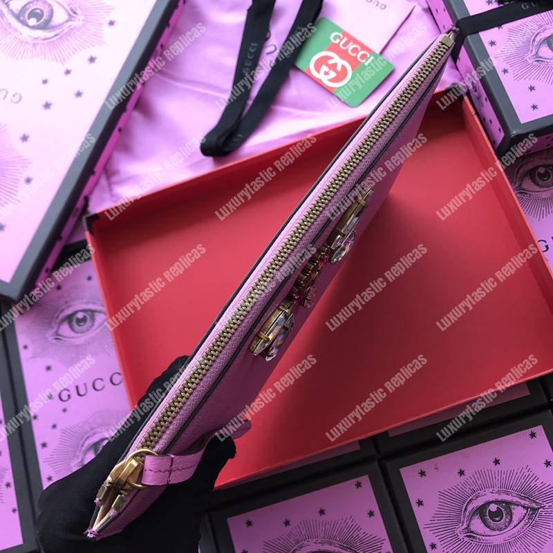 G*u*i leather pouch with double g and crystals pink