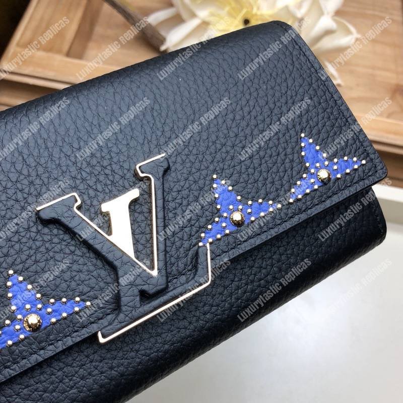 LV Capucines Wallet Taurillon Noir Leather Monogram Blue Flowers