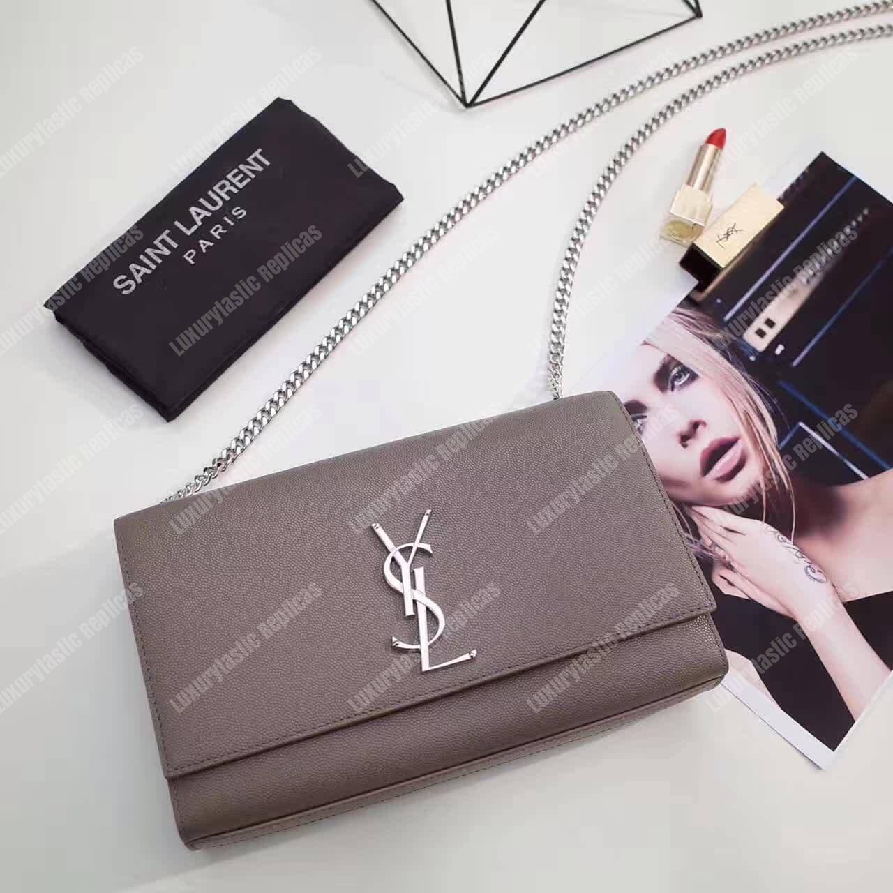 Saint Laurent Kate Medium In Grain De Poudre Embossed Leather Earth Grey