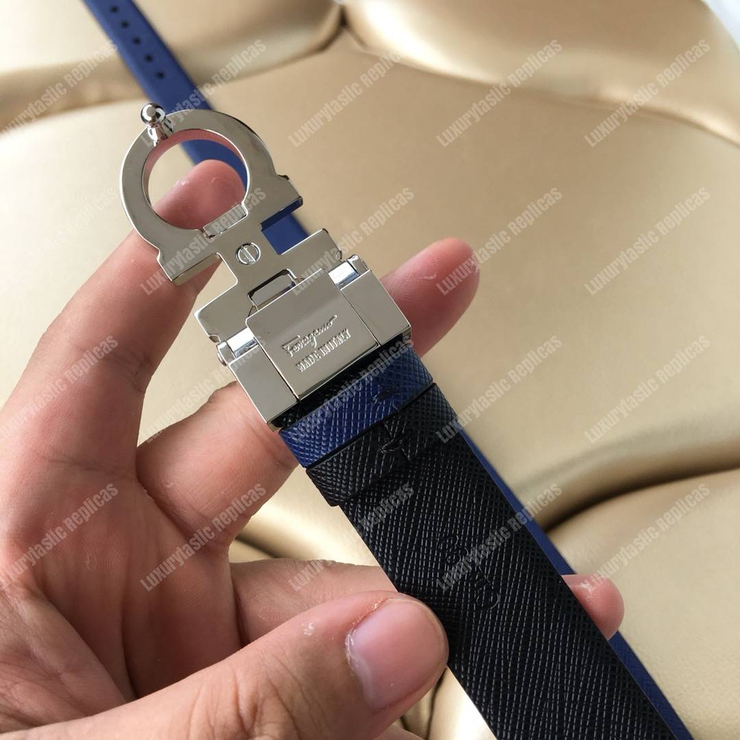 ﻿Salvatore Ferragamo Adjustable and Reversible Gancini Belt Blue / Black