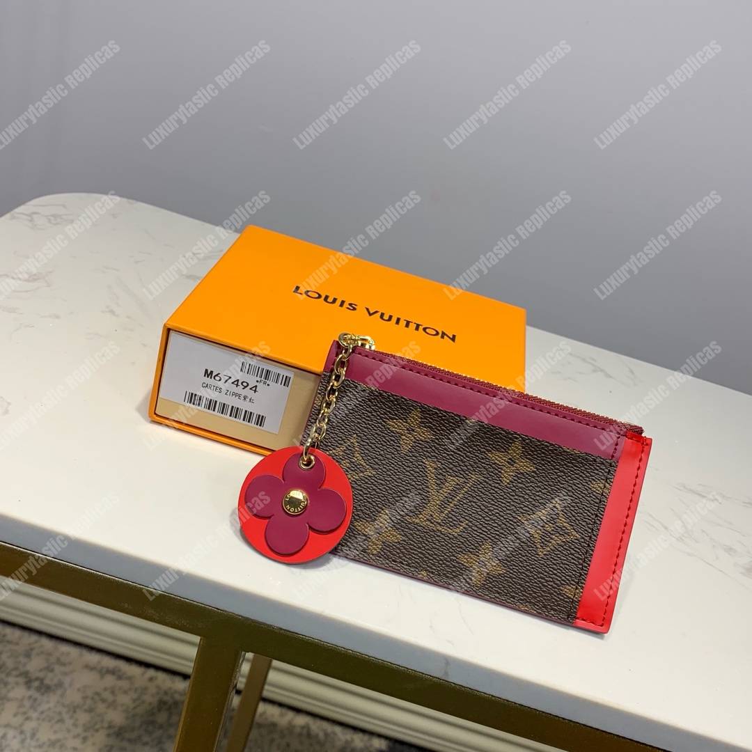 LV Zipped Card Holder Monogram canvas with colorful grained-leather trim Rose Ballerine Red