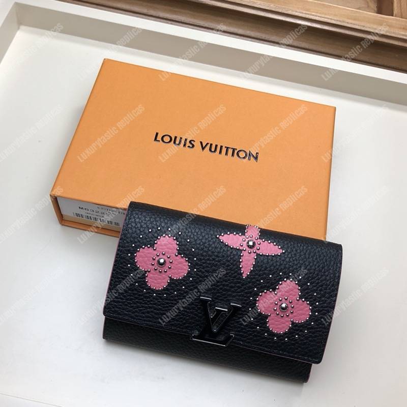 LV Capucines Compact Wallet Taurillon Noir Leather Monogram Flowers