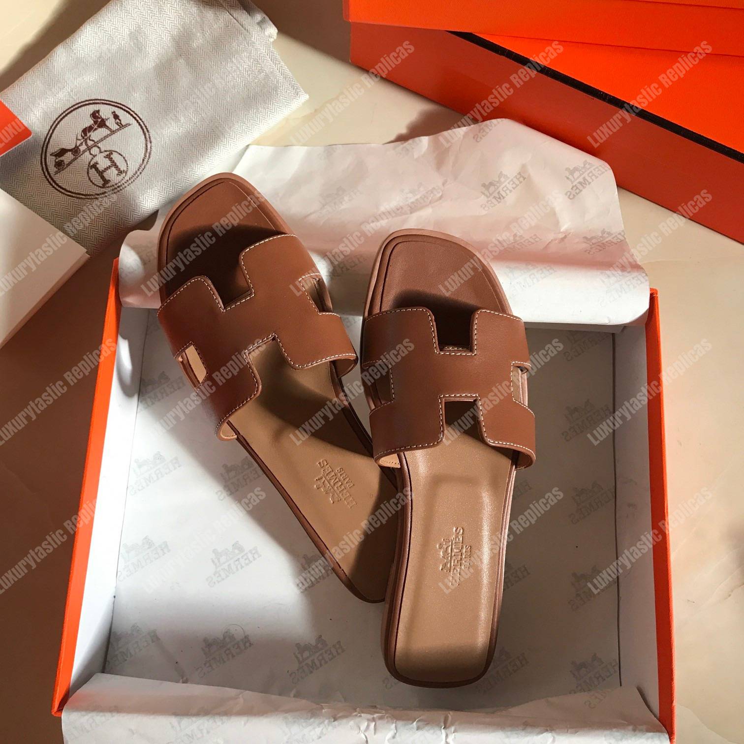 H**mes oran sandal calfskin leather chocolate brown