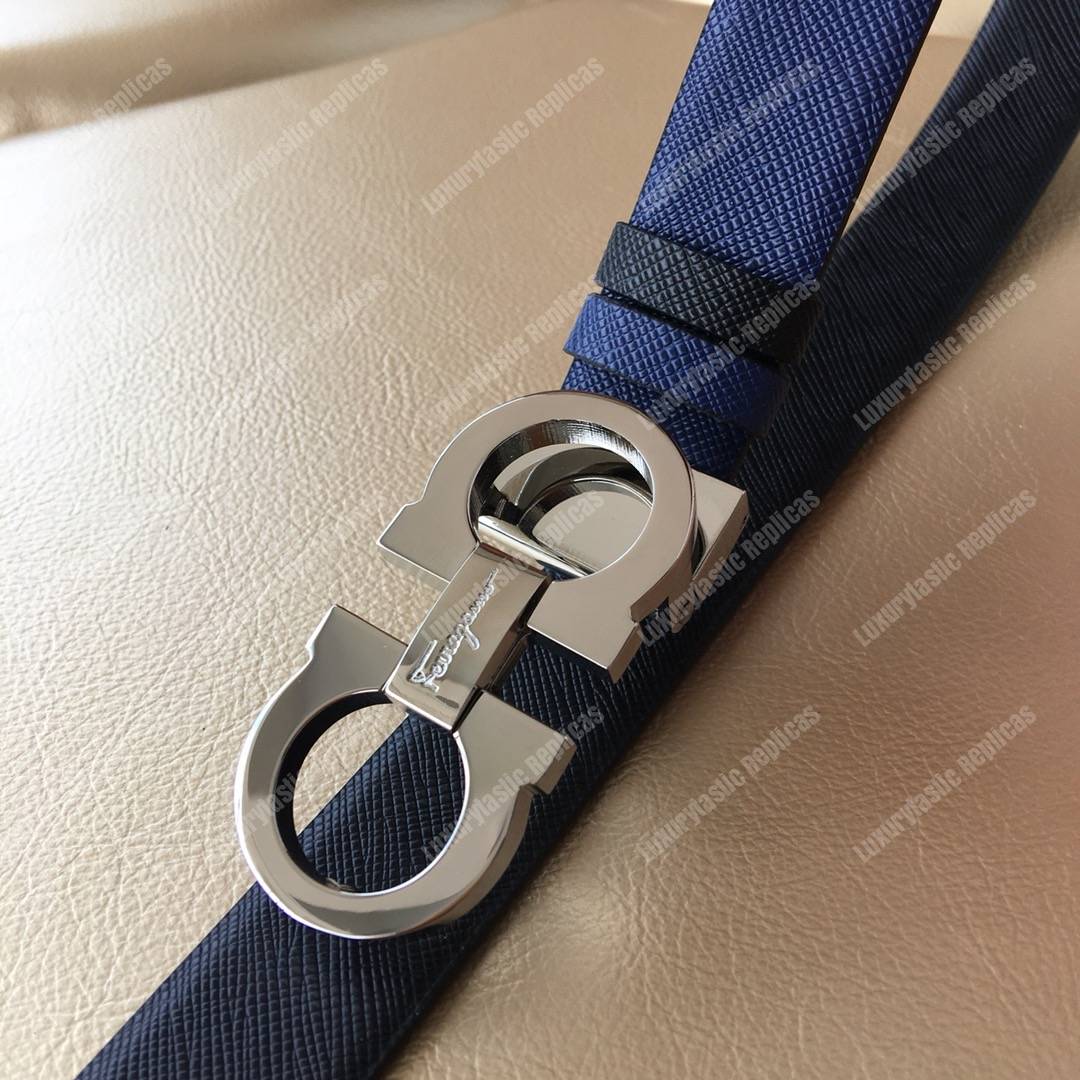 ﻿Salvatore Ferragamo Adjustable and Reversible Gancini Belt Blue / Black
