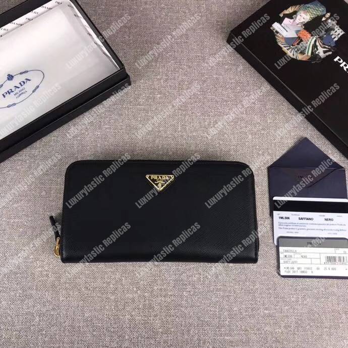 Pra*a large saffiano leather wallet black gold hardware
