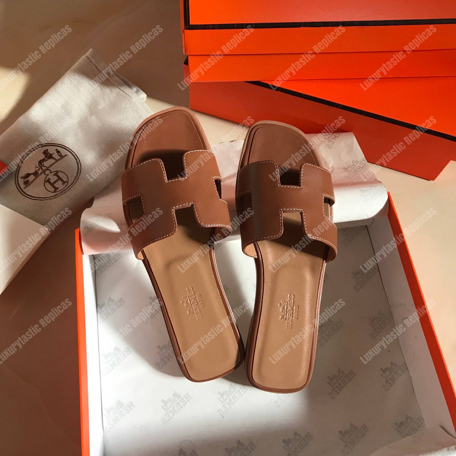 H**mes oran sandal calfskin leather chocolate brown