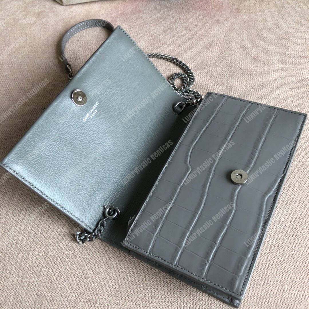Saint Laurent Kate Chain Wallet With Tassel Earth Grey Crocodile