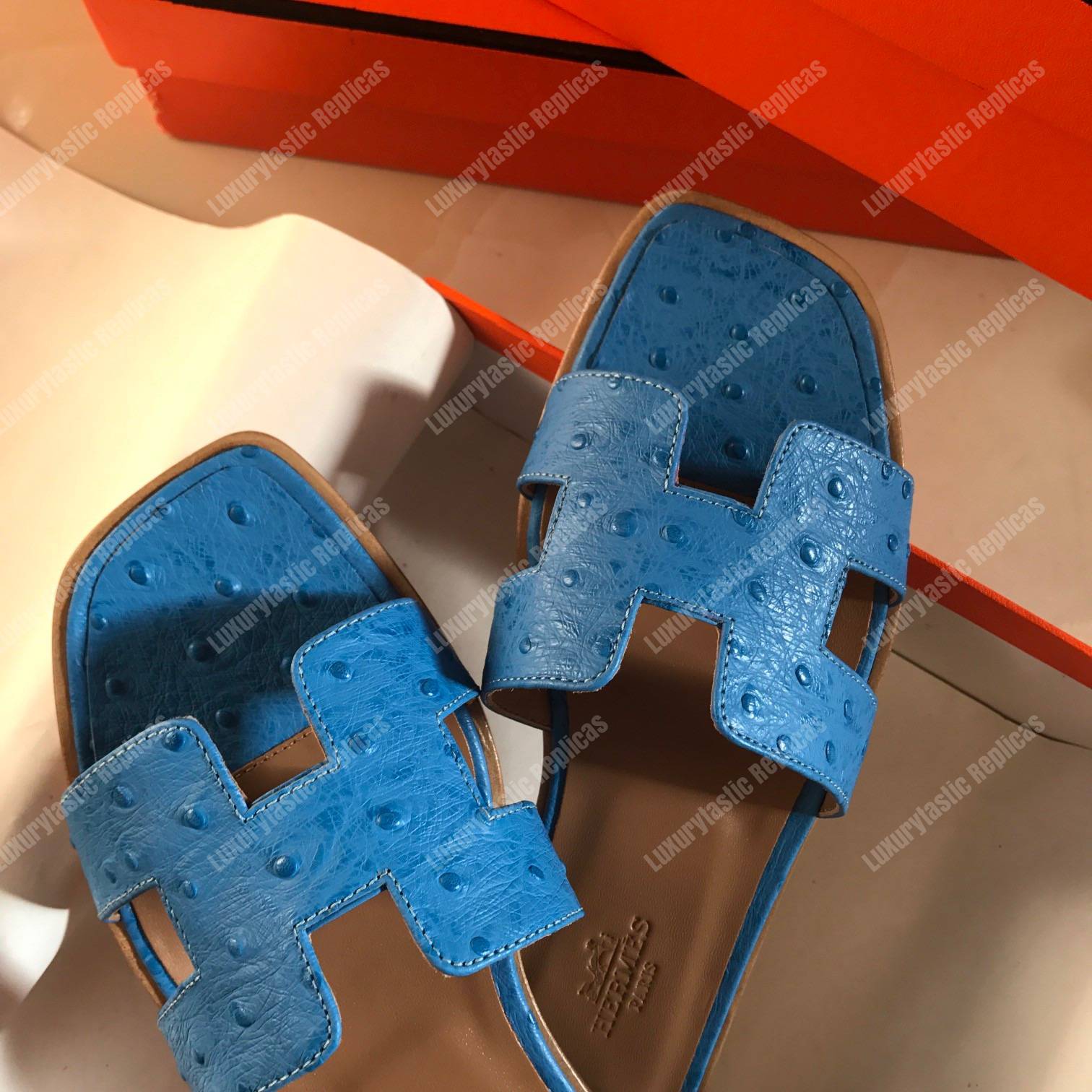 H**mes oran sandal ostrich leather blue