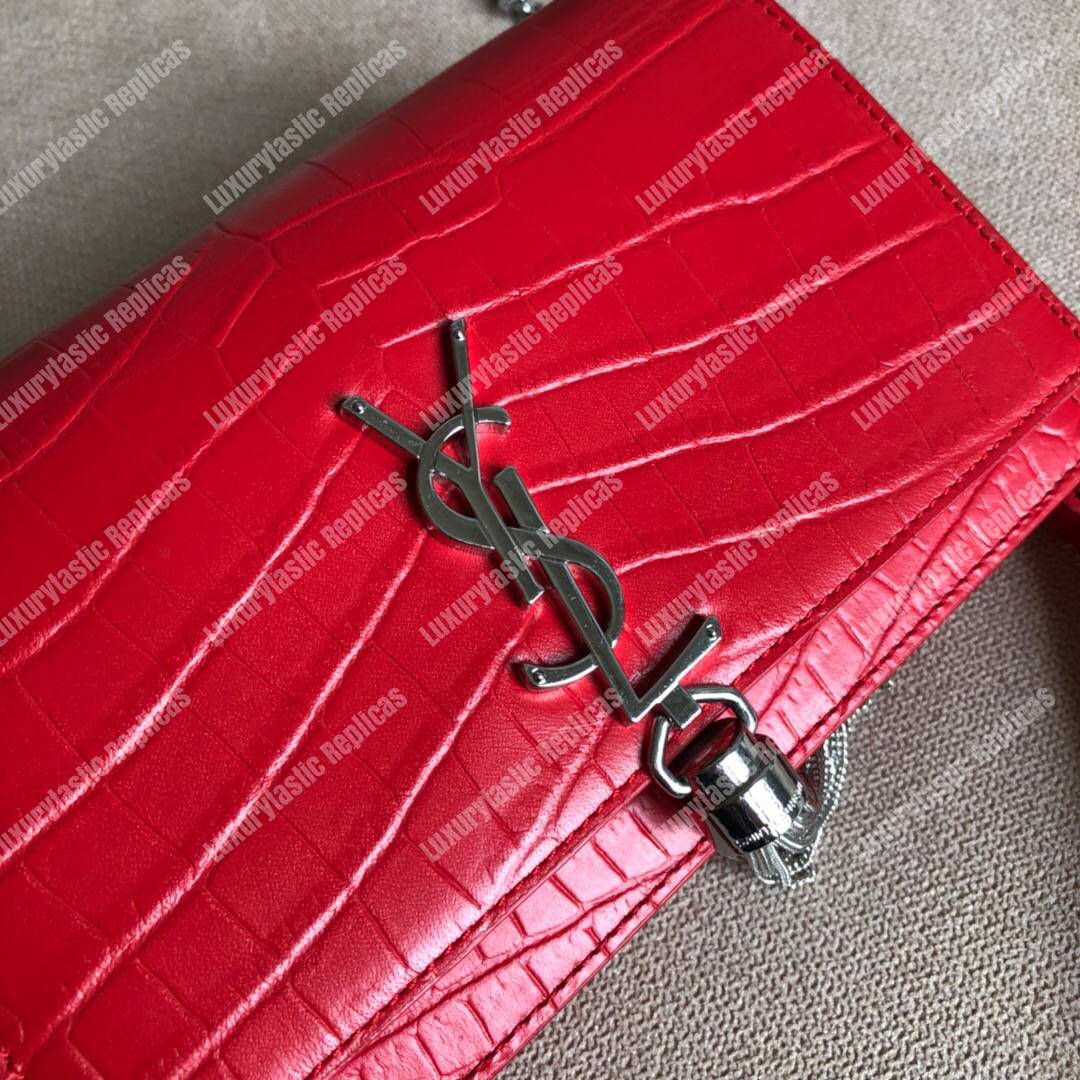 Saint Laurent Kate Chain Wallet With Tassel Red Crocodile