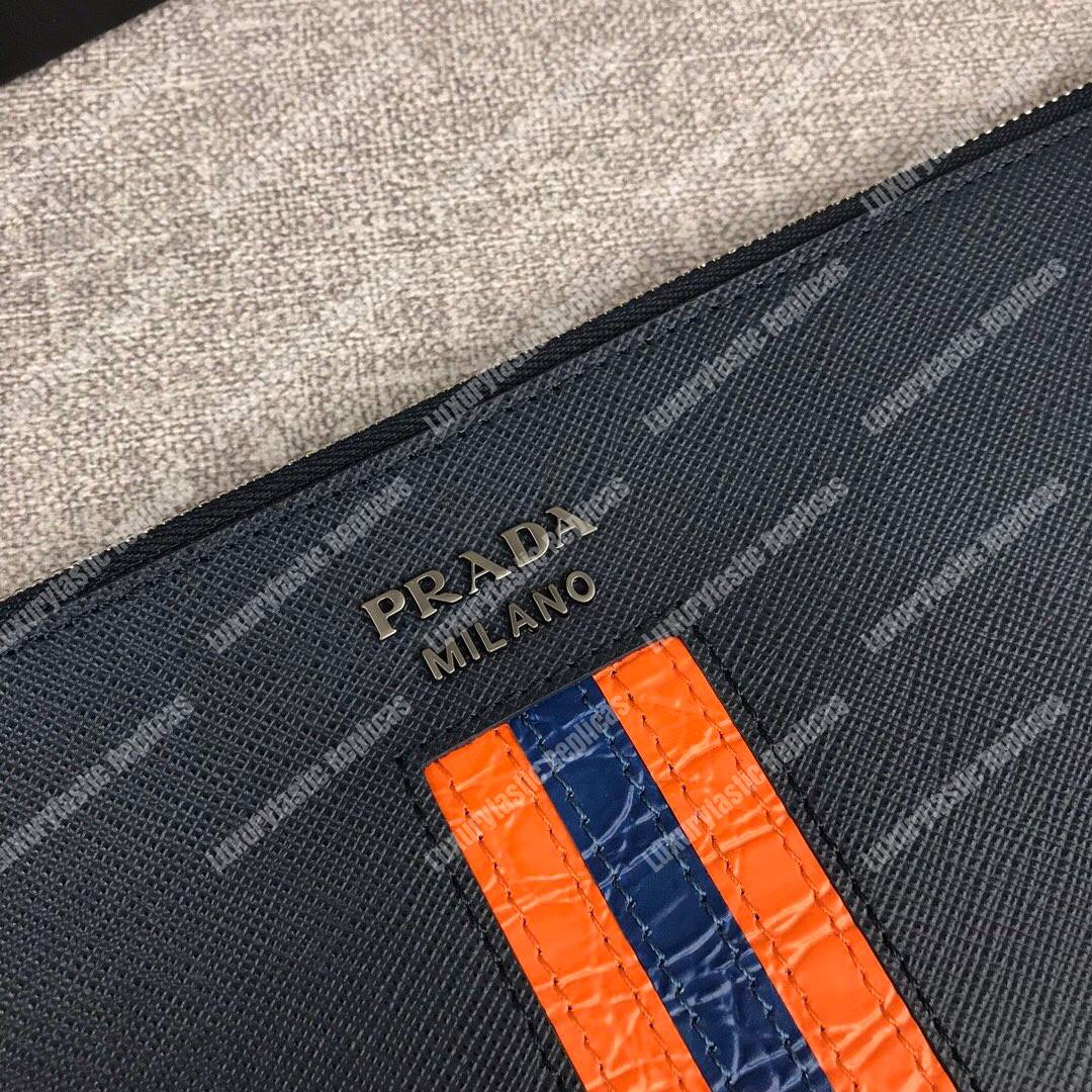 Pra*a saffiano and crocodile leather pouch orange / blue