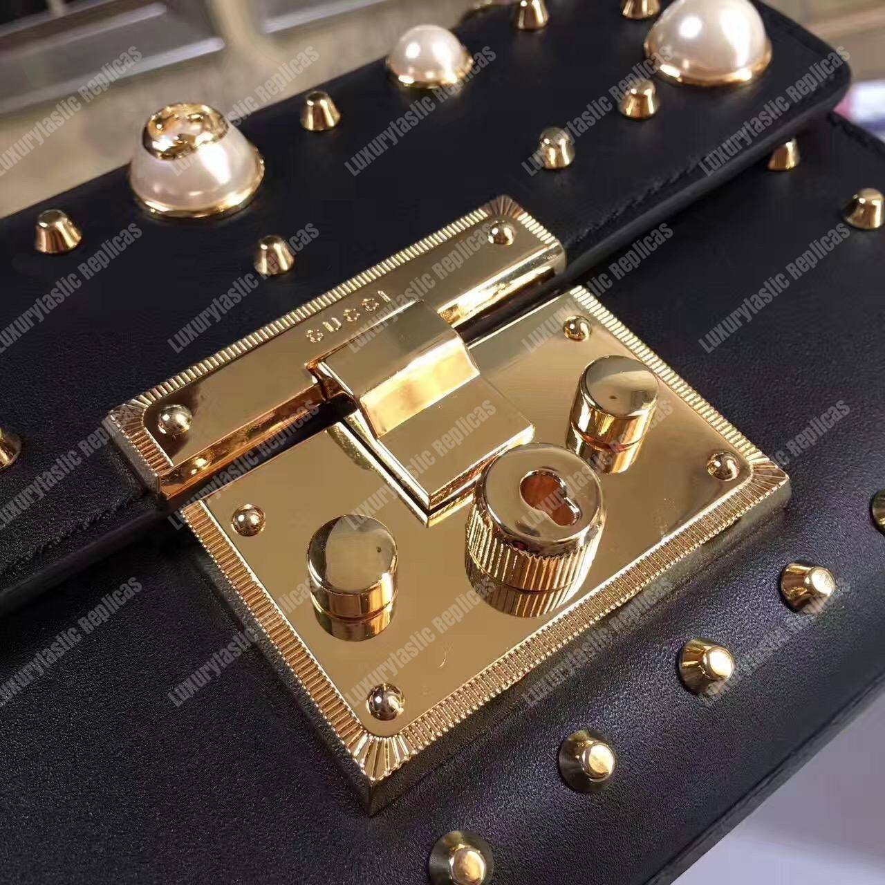 G*u*i padlock shoulder bag black with pearls