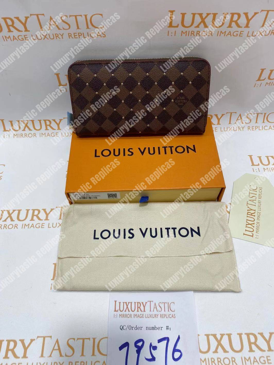 LV Zippy Wallet Damier Ebene Gold Studs