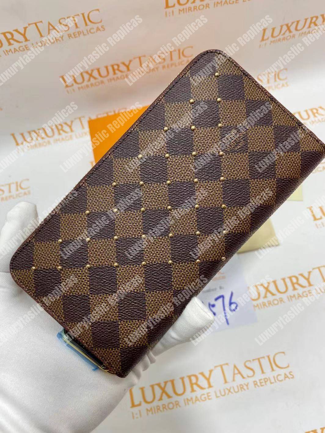 LV Zippy Wallet Damier Ebene Gold Studs