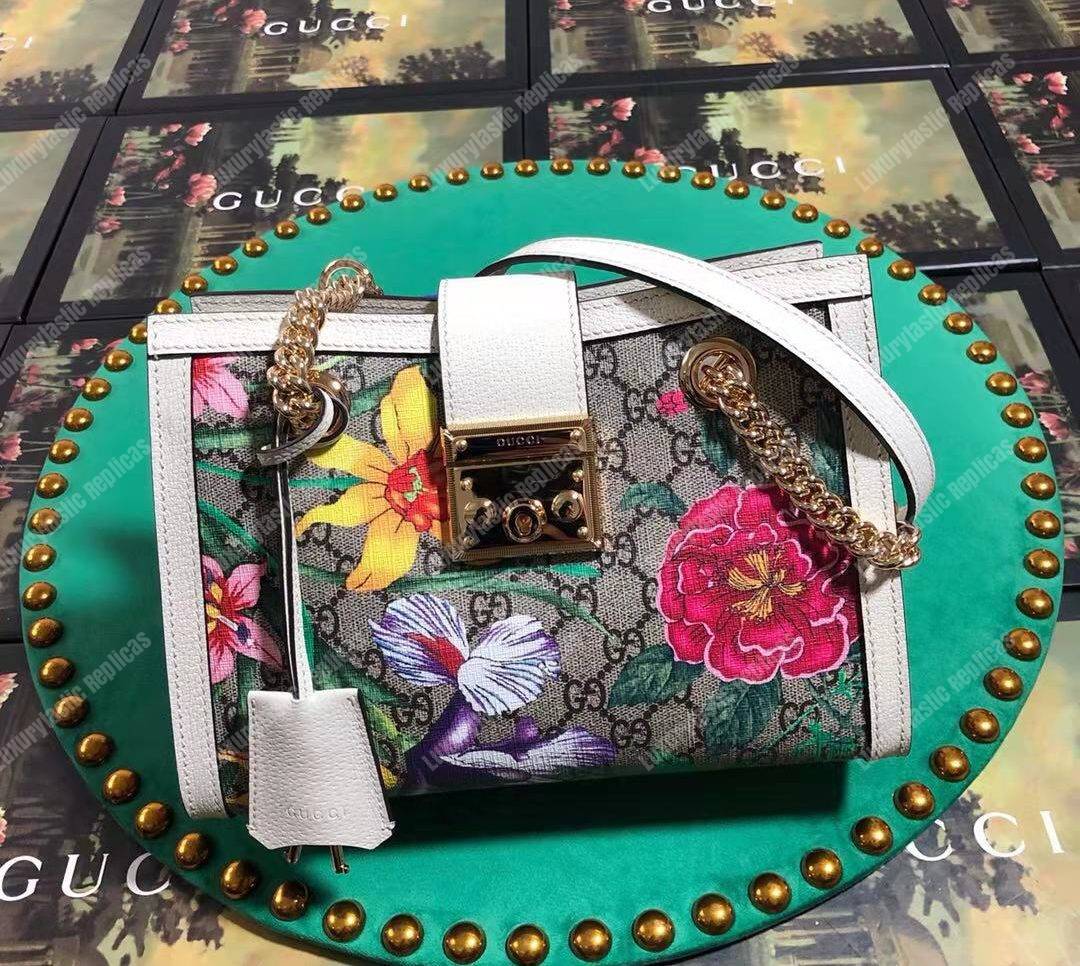 G*u*i padlock small shoulder bag white flora