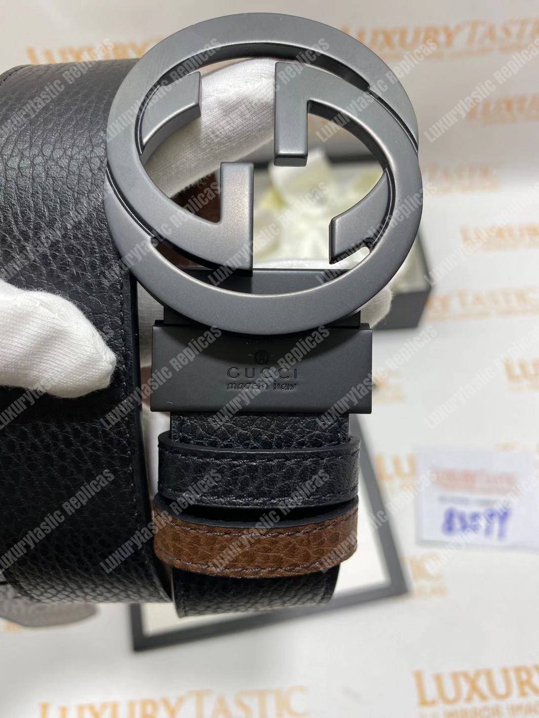 G*u*i leather belt with interlocking g buckle brown