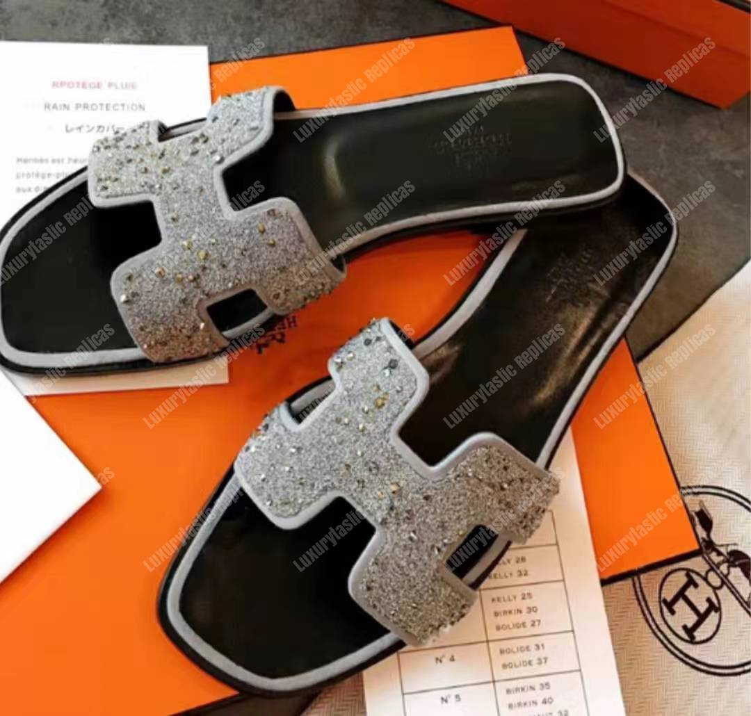 H**mes oran sandals gris argenté/noir