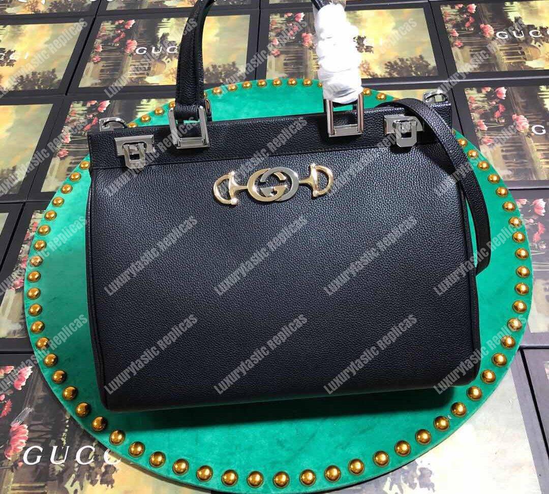 G*u*i zumi grainy leather medium top handle bag black