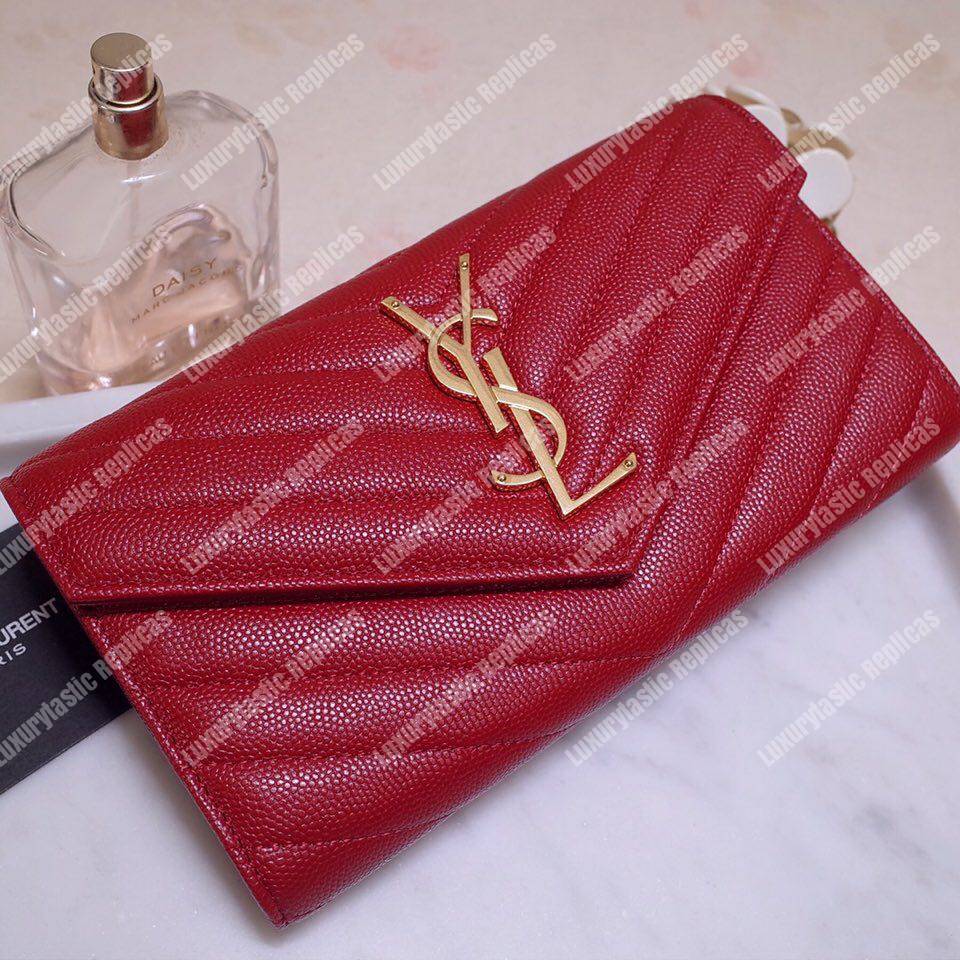 Saint Laurent Monogram Large Flap Wallet In Grain De Poudre Embossed Leather Eros Red