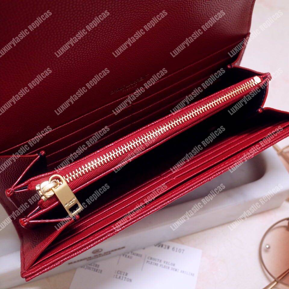 Saint Laurent Monogram Large Flap Wallet In Grain De Poudre Embossed Leather Eros Red