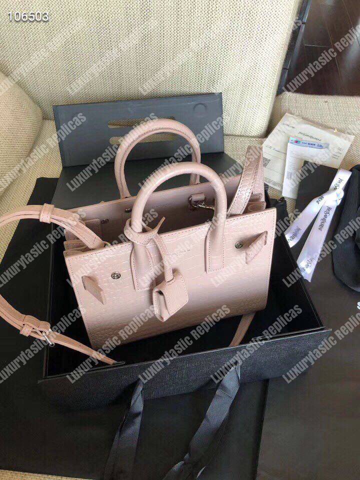 Saint Laurent Classic Sac De Jour Baby In Embossed Crocodile Shiny Leather Pink