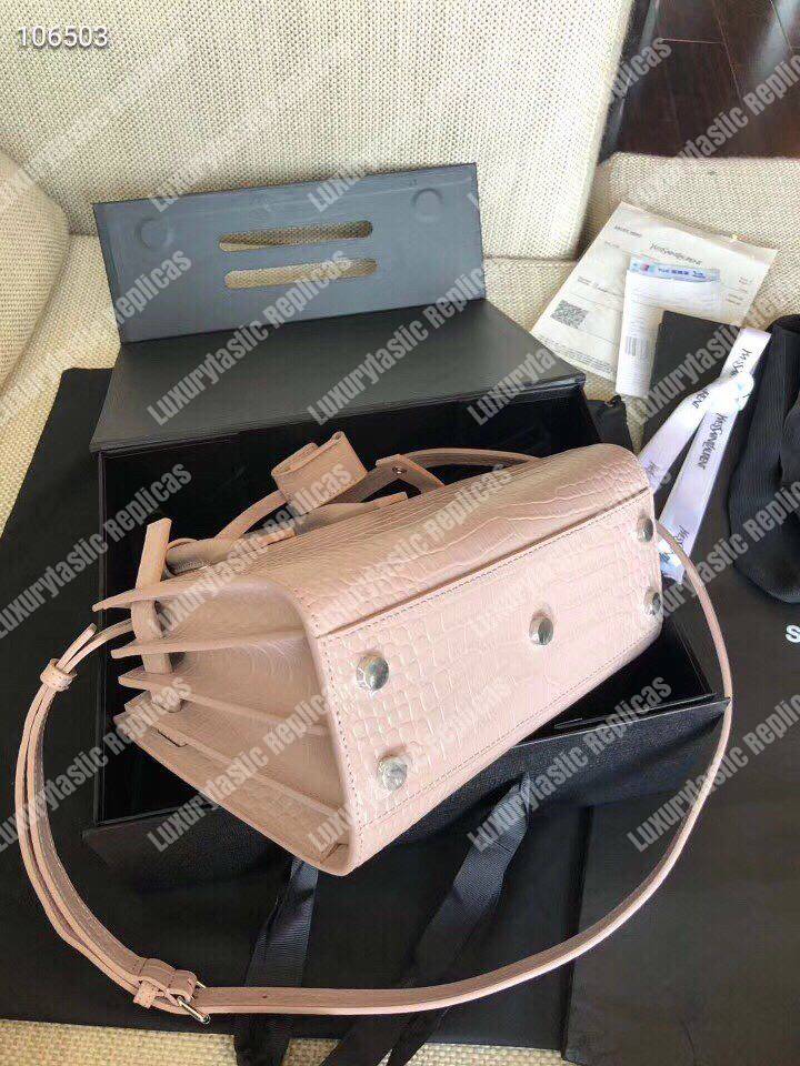 Saint Laurent Classic Sac De Jour Baby In Embossed Crocodile Shiny Leather Pink