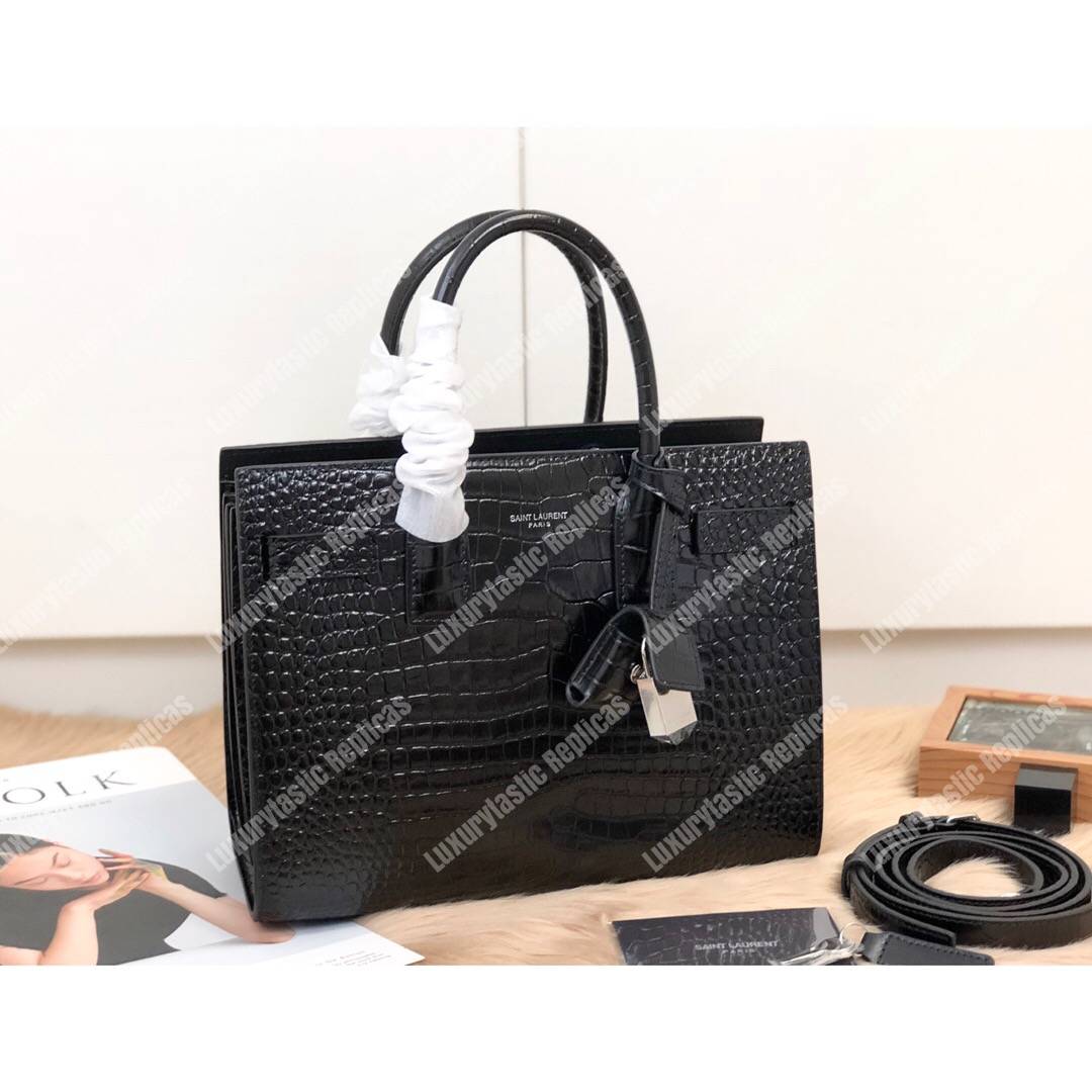 Saint Laurent Classic Sac De Jour Baby In Embossed Crocodile Shiny Leather Black
