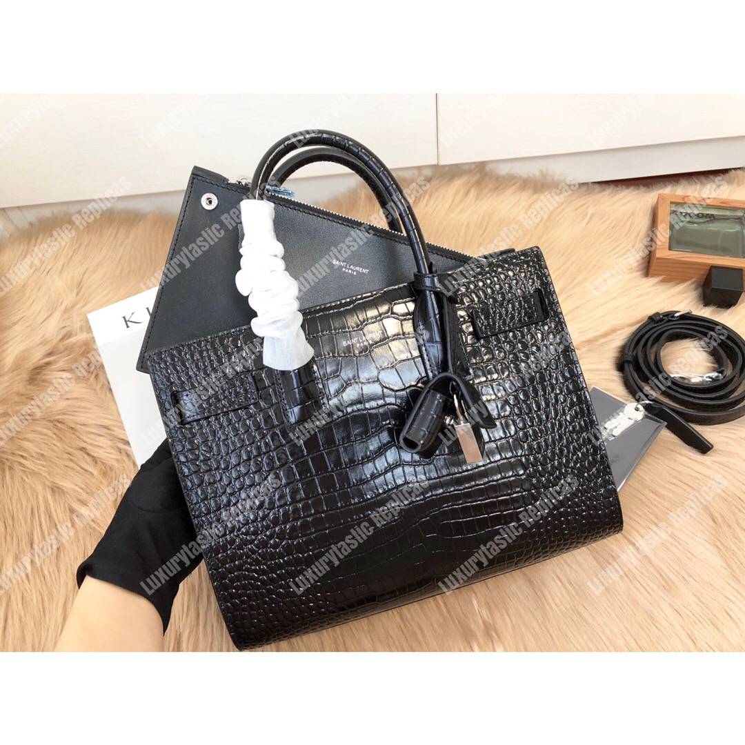 Saint Laurent Classic Sac De Jour Baby In Embossed Crocodile Shiny Leather Black