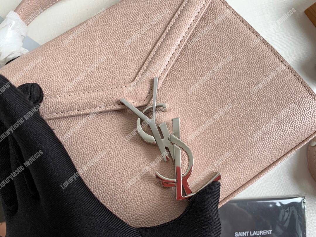 Saint Laurent Cassandra Mini Top Handle Bag In Grain De Poudre Embossed Leather Marble Pink