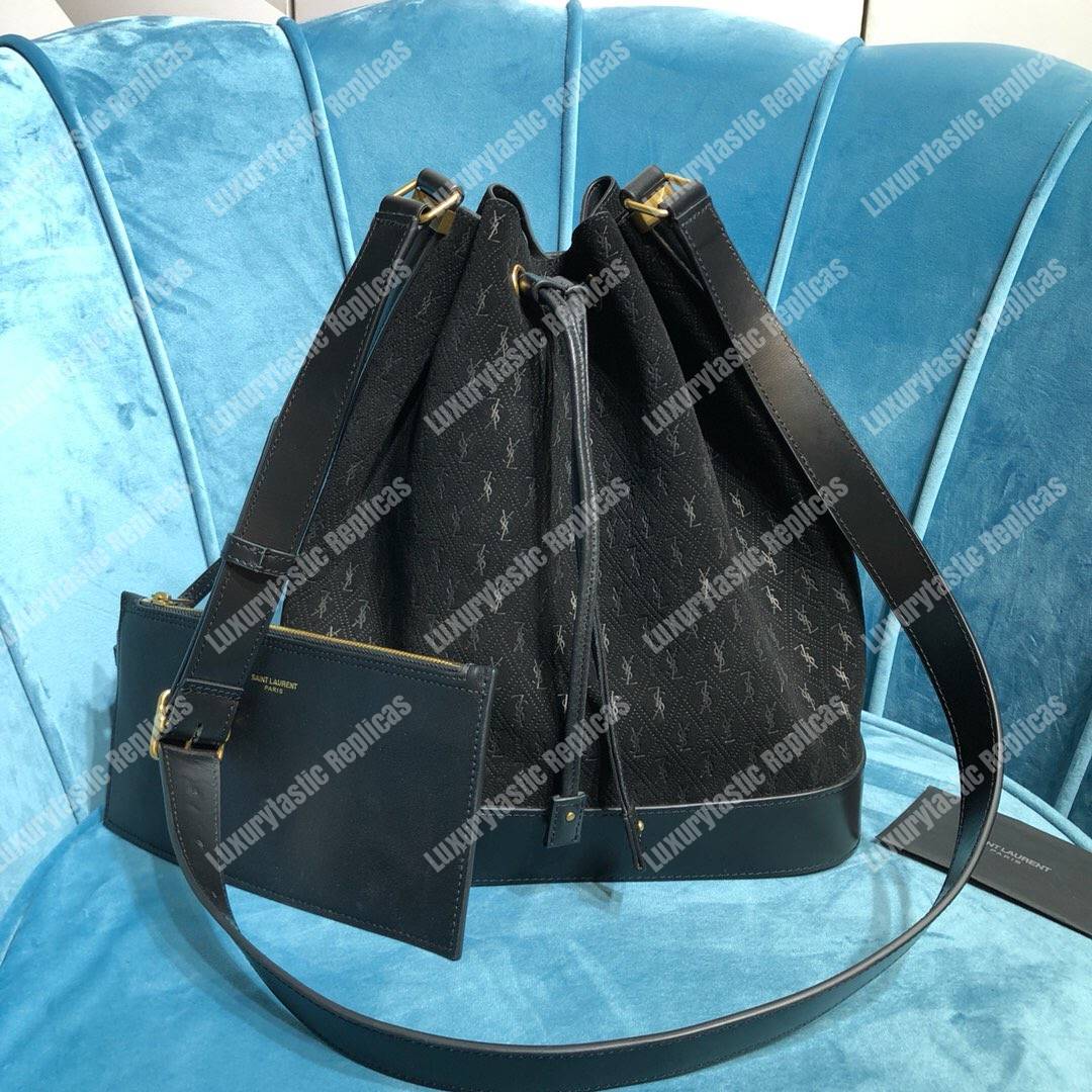 Saint Laurent Monogram All Over Bucket Bag In Suede Black