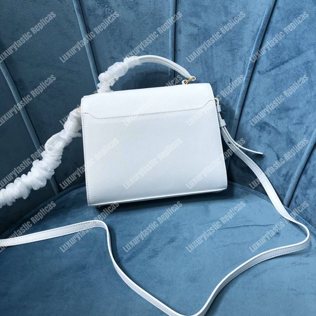 Saint Laurent Cassandra Mini Top Handle Bag In Grain De Poudre Embossed Leather White