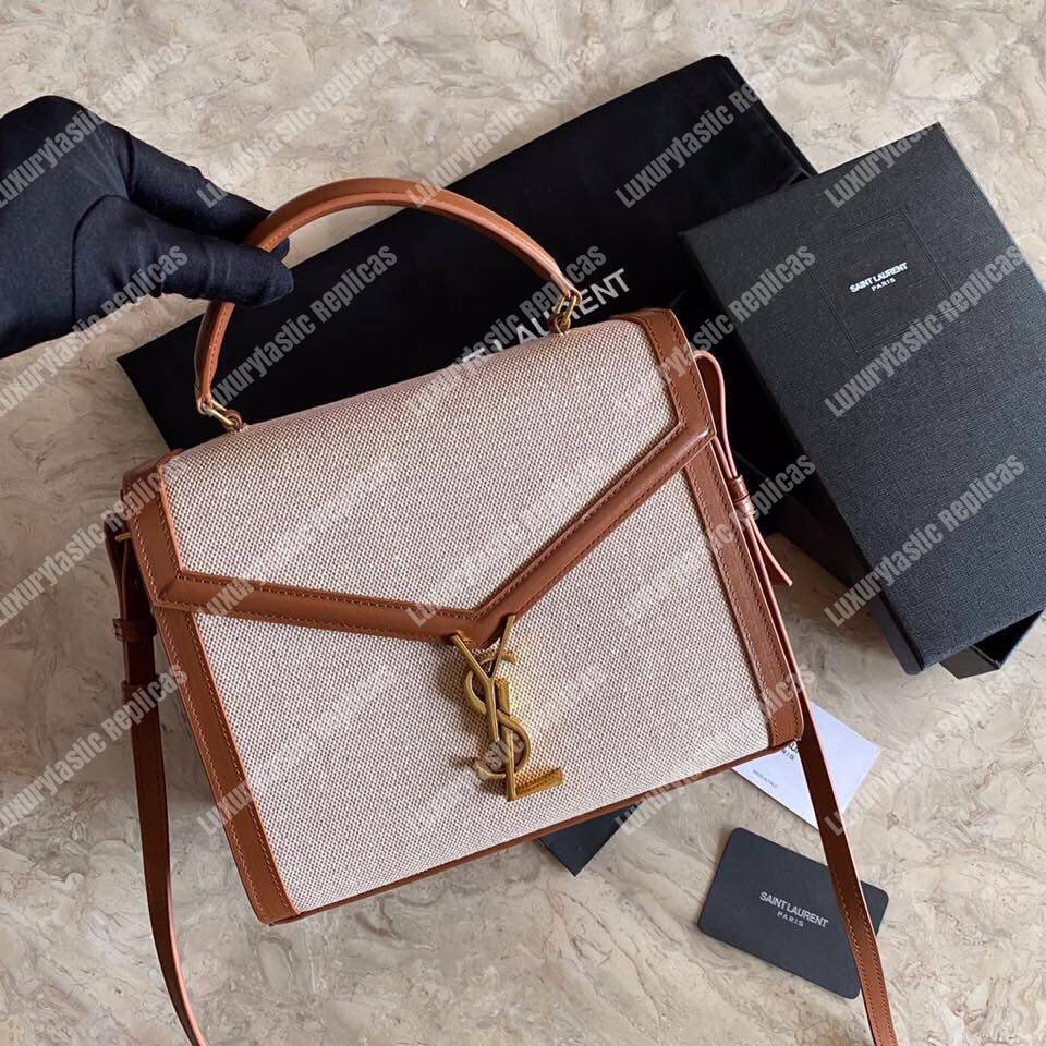 Saint Laurent Cassandra Medium Top Handle Bag In Canvas And Smooth Leather Natural Beige