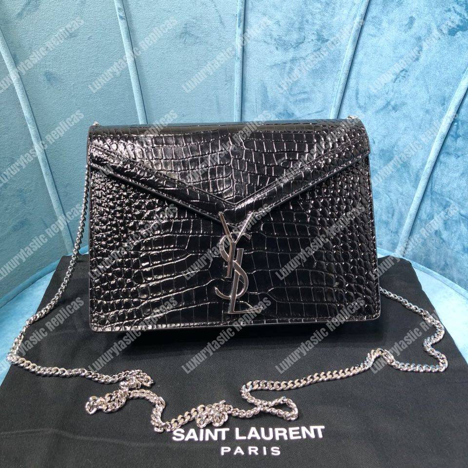 Saint Laurent Cassandra Monogram Clasp Bag In Crocodile Embossed Shiny Leather Black
