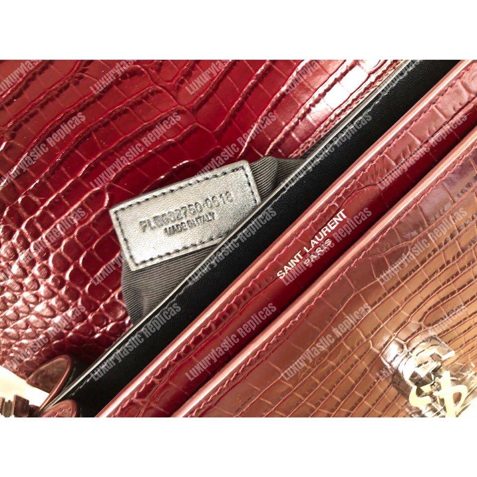 Saint Laurent Cassandra Monogram Clasp Bag In Crocodile Embossed Shiny Leather Dark Legion Red