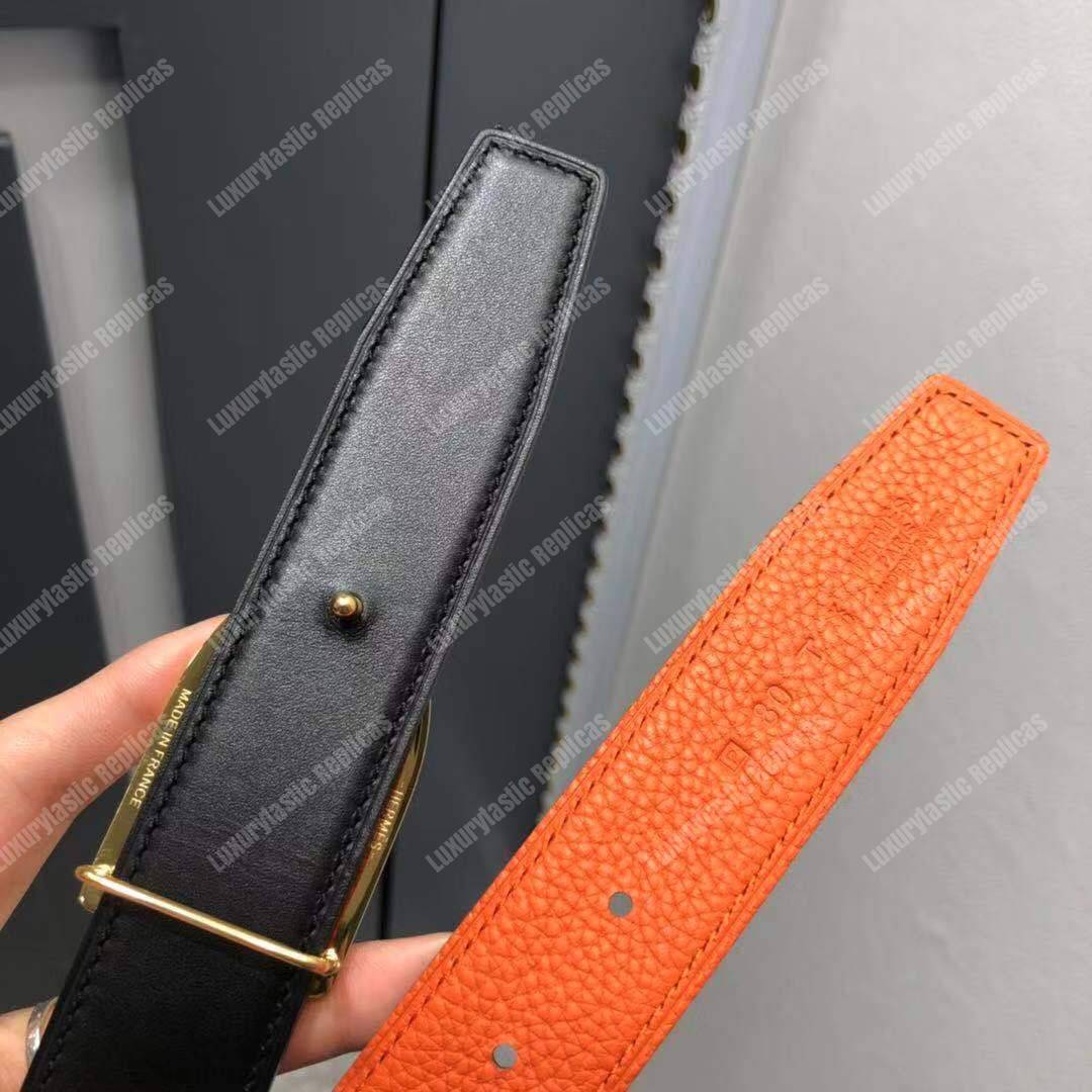 H**mes etrier buckle & reversible leather strap 32 mm noir / orange