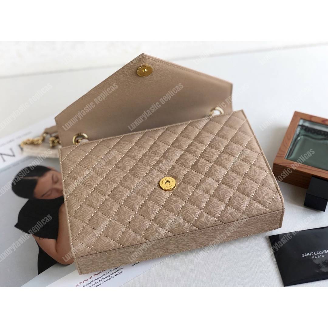 Saint Laurent Envelope Medium Bag in Mix Matelasse Grain De Poudre Embossed Leather Latte