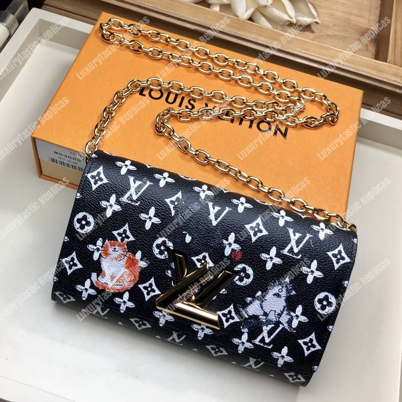 LV Twist Chain Wallet Catogram Dogs and Cats Black White