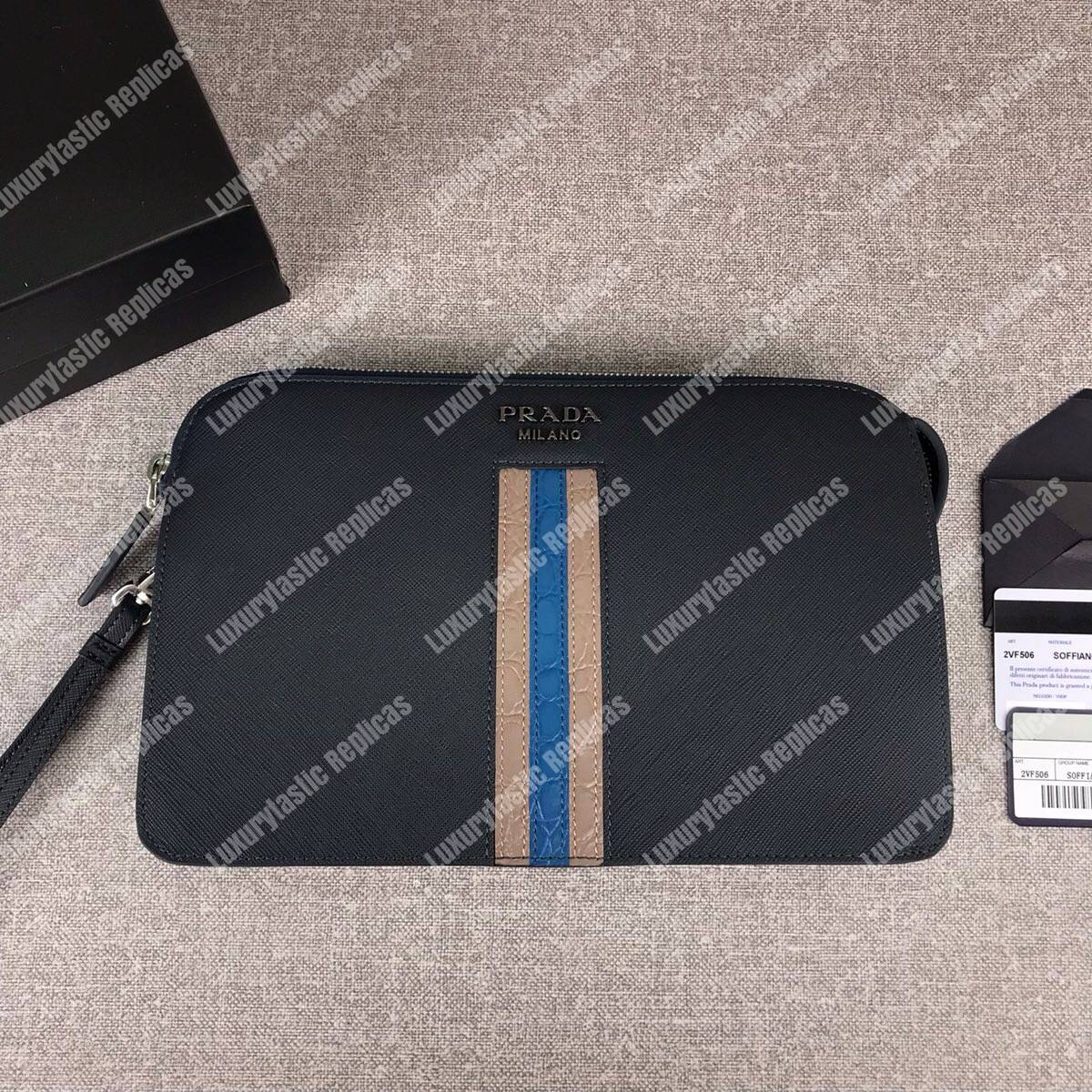 Pra*a saffiano and crocodile leather wallet blue grey/dark blue crocodile insert