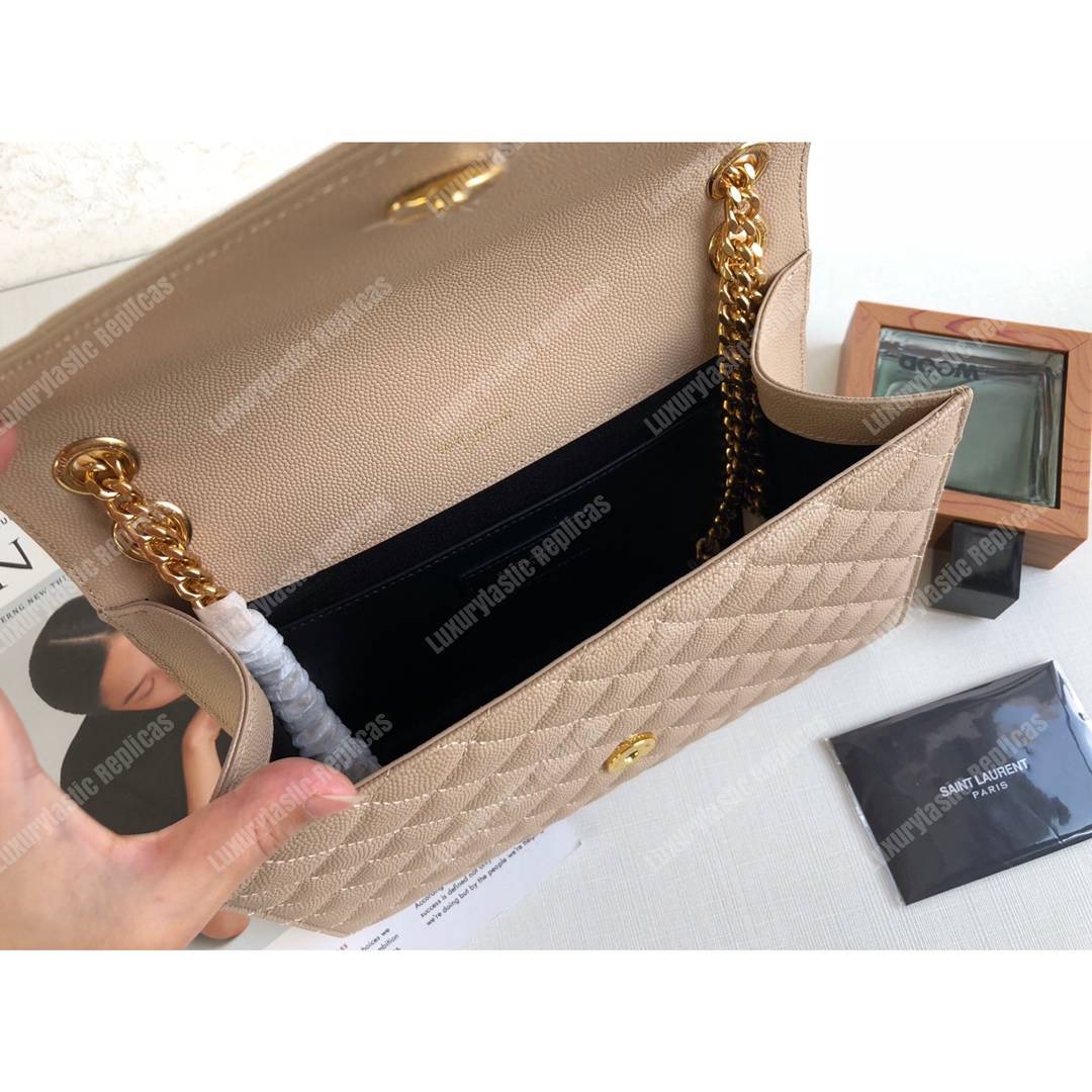 Saint Laurent Envelope Medium Bag in Mix Matelasse Grain De Poudre Embossed Leather Latte
