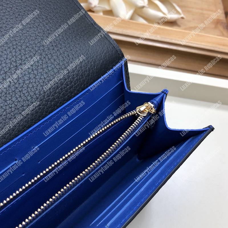 LV Capucines Wallet Taurillon Noir Leather Monogram Blue Flowers