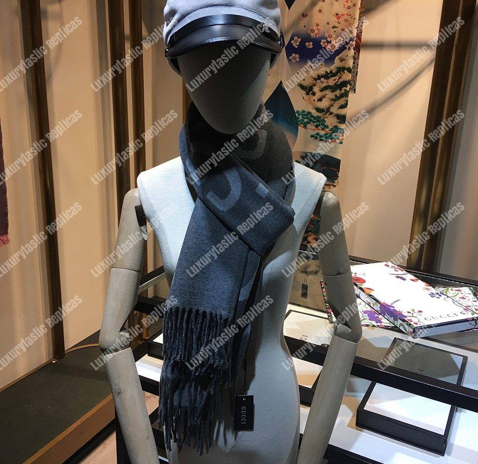 G*u*i gg jacquard wool silk scarf grey