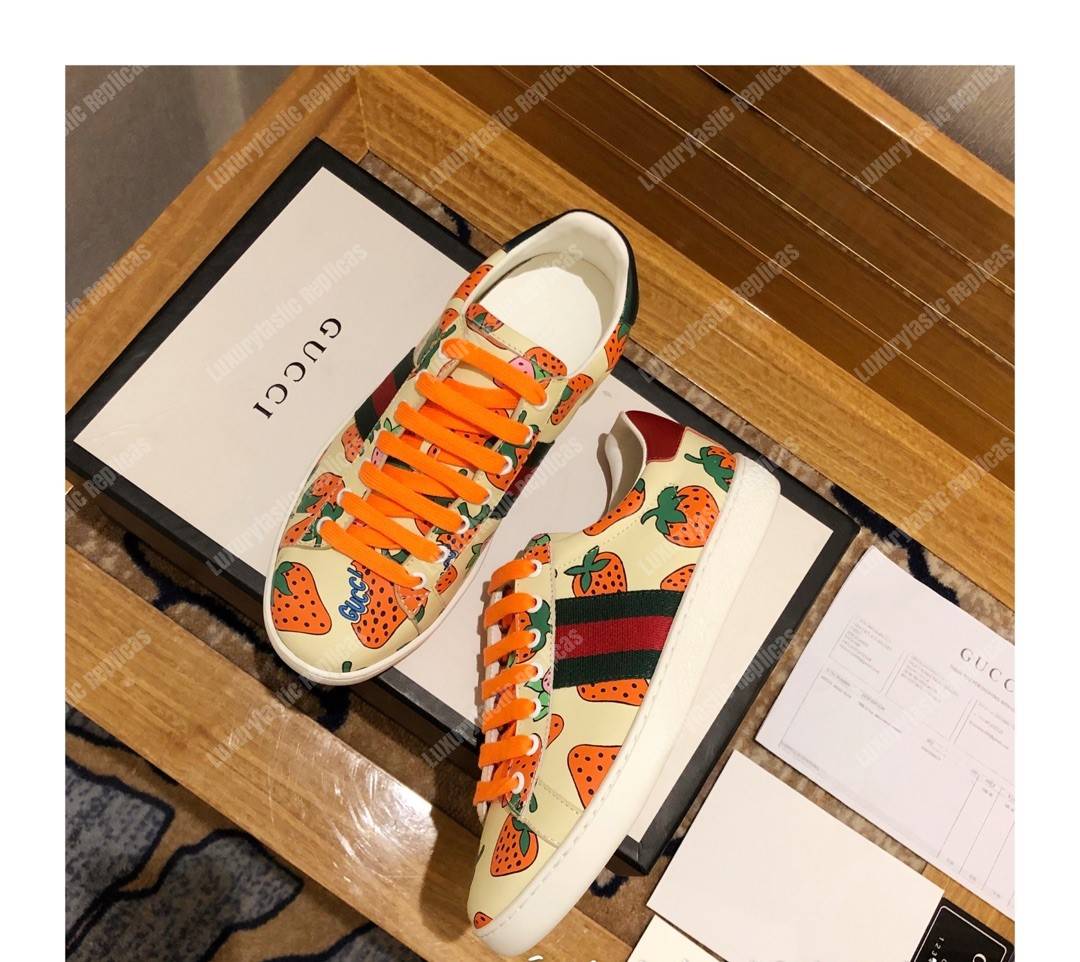 G*u*i ace sneaker with G*u*i strawberry print