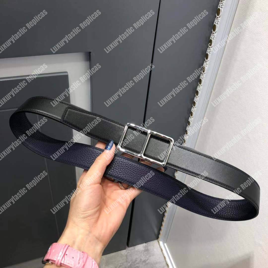 H**mes officier belt buckle reversible leather strap black/bleu de prusse