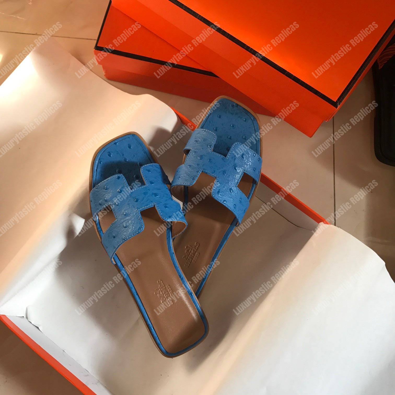 H**mes oran sandal ostrich leather blue
