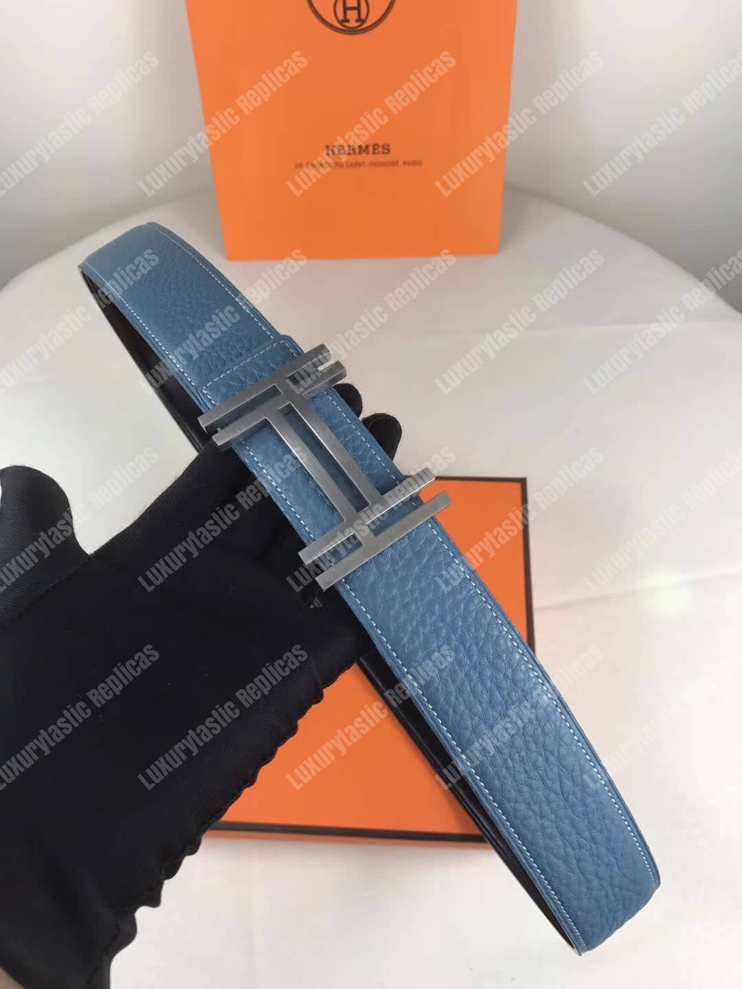 H**mes h au carre belt buckle reversible leather strap graphite / bleu de prusse