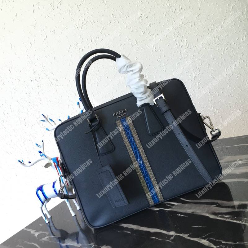 Pra*a saffiano leather work bag navy blue dark blue/grey crocodile insert